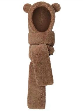 Cozy Teddy Hooded Scarf with Ear Detail - Brown